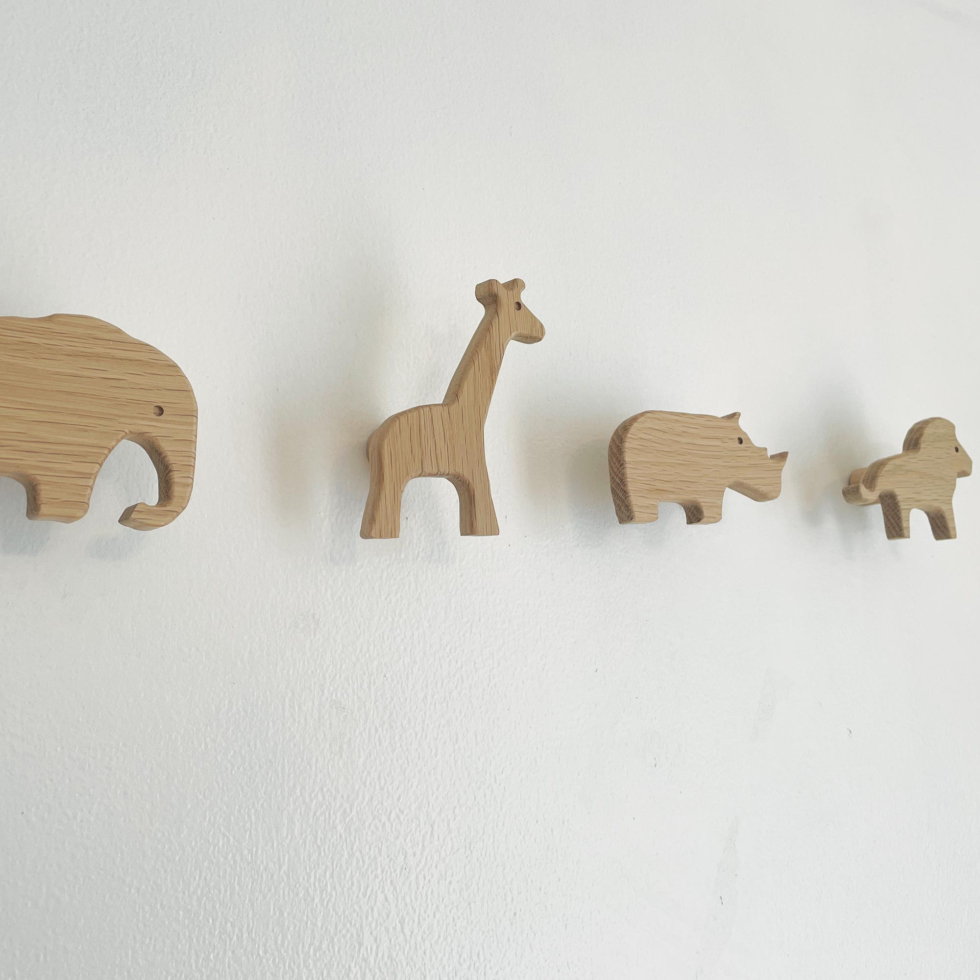 Decorative wooden jungle animal wall hooks, set of four, solid